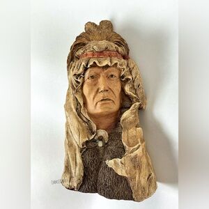 Vintage Native American Chief Art Bust Sculpture - Solid Heavy Indian Bust